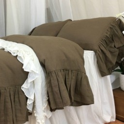 Cedar Dark Brown Natural Linen Duvet Cover With Mermaid Long Ruffles, Sumptuous Style - thumbnail 3