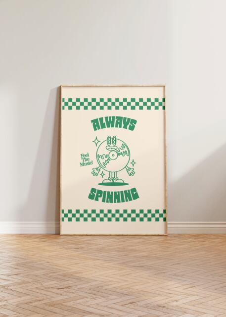 Retro Print, Always Spinning Poster, Music Wall Art, Cartoon Cool Vintage Style Prints, Gift, Checked - image 1