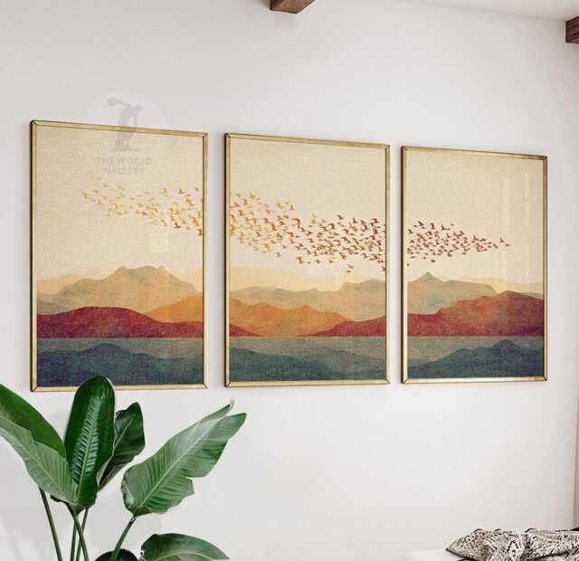 Sunset Mountain Wall Art Set Of 3 - Flock Birds Over Hills Minimal Landscape Artwork Warm Earth Tone Decor For Living Room - image 1