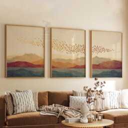 Sunset Mountain Wall Art Set Of 3 - Flock Birds Over Hills Minimal Landscape Artwork Warm Earth Tone Decor For Living Room - thumbnail 3