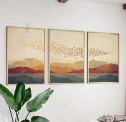 Sunset Mountain Wall Art Set Of 3 - Flock Birds Over Hills Minimal Landscape Artwork Warm Earth Tone Decor For Living Room - thumbnail 1