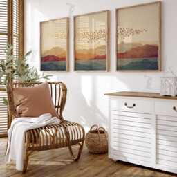 Sunset Mountain Wall Art Set Of 3 - Flock Birds Over Hills Minimal Landscape Artwork Warm Earth Tone Decor For Living Room - thumbnail 2