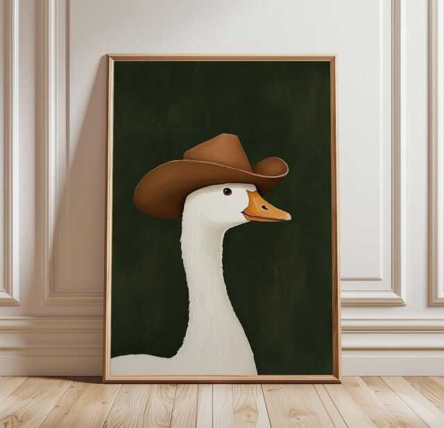 Cowboy Goose Poster, Farm Animal Wall Art, Western Folk Print - image 1