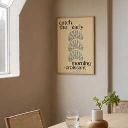 Morning Croissant Print, Art Stripe Retro Kitchen Poster, Dining Area Hand Drawn Art, Unframed - thumbnail 3