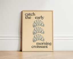 Morning Croissant Print, Art Stripe Retro Kitchen Poster, Dining Area Hand Drawn Art, Unframed - thumbnail 1