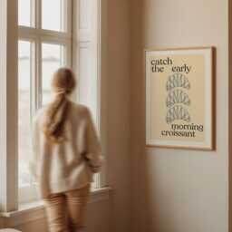 Morning Croissant Print, Art Stripe Retro Kitchen Poster, Dining Area Hand Drawn Art, Unframed - thumbnail 2