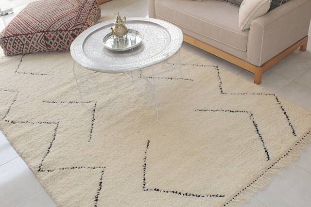 Authentic Moroccan Rug, Cream & Black Berber Patterns, Beni Ourain Carpet, Floor Seating, Bohemian Woven Wool - image 1