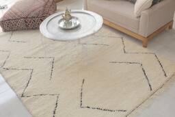 Authentic Moroccan Rug, Cream & Black Berber Patterns, Beni Ourain Carpet, Floor Seating, Bohemian Woven Wool - thumbnail 1