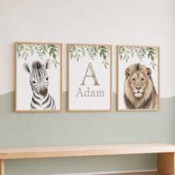 Personalised Safari Prints - Set Of 3 Jungle Themed Nursery Wall Art, Kids Bedroom Posters - thumbnail 3