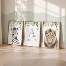 Personalised Safari Prints - Set Of 3 Jungle Themed Nursery Wall Art, Kids Bedroom Posters - thumbnail 1