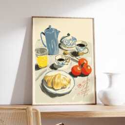Breakfast Still Life Wall Art Print, Modern French Illustration, Coffee & Croissant Poster, Kitchen Decor, Contemporary Food Artwork - thumbnail 2