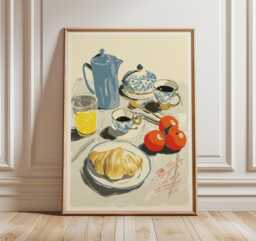 Breakfast Still Life Wall Art Print, Modern French Illustration, Coffee & Croissant Poster, Kitchen Decor, Contemporary Food Artwork - thumbnail 1
