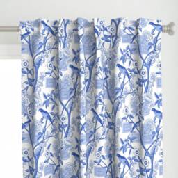 Blue & White Curtain Panel - Chinoiserie Birds Flowers Custom Parrots Peonies By Vinpauld - thumbnail 1