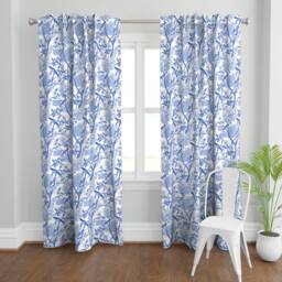 Blue & White Curtain Panel - Chinoiserie Birds Flowers Custom Parrots Peonies By Vinpauld - thumbnail 2