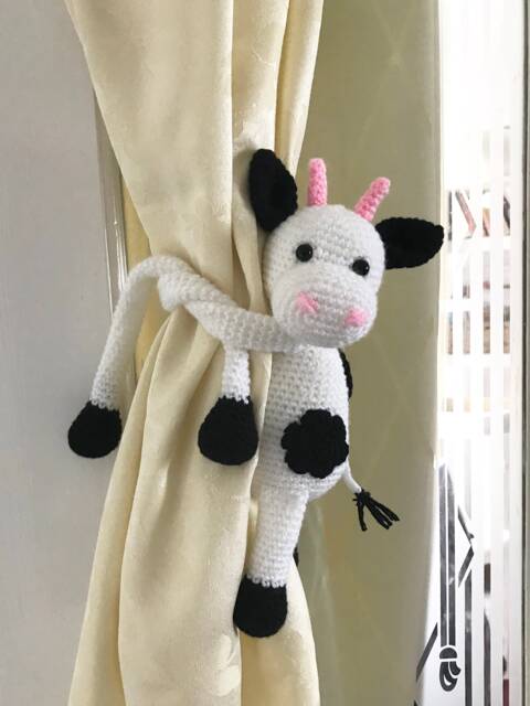Cow Curtain Tie Back - Single Crochet Cow Holder Amigurumi Baby Shower Gift Nursery Decoration - image 1