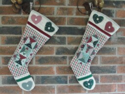 Handcrafted Quilted Christmas Stockings Burlap Hearts, Vintage Theme - Set Of 2 - thumbnail 1