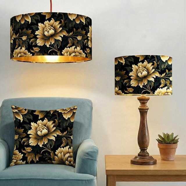 Handmade By Order Luxury Black Gold Roses Floral Priny On Velvet Drum Table & Ceiling Lamp Shade All Shapes Sizes Available Lini - image 1