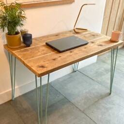 Reclaimed Wood Desk Scaffold Blue Hairpin Legs - thumbnail 2