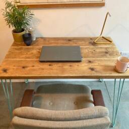 Reclaimed Wood Desk Scaffold Blue Hairpin Legs - thumbnail 3