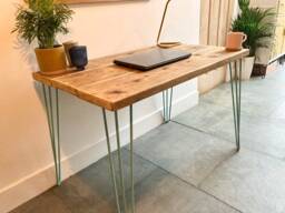 Reclaimed Wood Desk Scaffold Blue Hairpin Legs - thumbnail 1