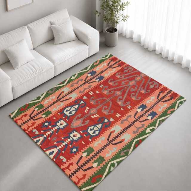 Red Green Folk Kilim Geometric Pattern Rug Non-Slip Soft Area Carpet Bedroom Living Room Hallway Mat Decor - Made in UK - image 1