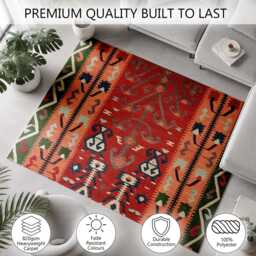Red Green Folk Kilim Geometric Pattern Rug Non-Slip Soft Area Carpet Bedroom Living Room Hallway Mat Decor - Made in UK - thumbnail 3