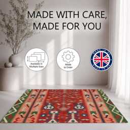 Red Green Folk Kilim Geometric Pattern Rug Non-Slip Soft Area Carpet Bedroom Living Room Hallway Mat Decor - Made in UK - thumbnail 2