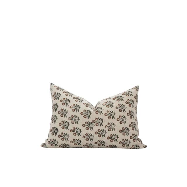 Gracie -- Green & Brown Floral Linen Pillow Cover Block Print Lumbar Modern Farmhouse Spring - image 1