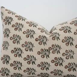 Gracie -- Green & Brown Floral Linen Pillow Cover Block Print Lumbar Modern Farmhouse Spring - thumbnail 2