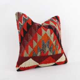 Vintage Turkish Kilim Pillow Cover Handwoven Wool Throw - 16''x16'' - thumbnail 2