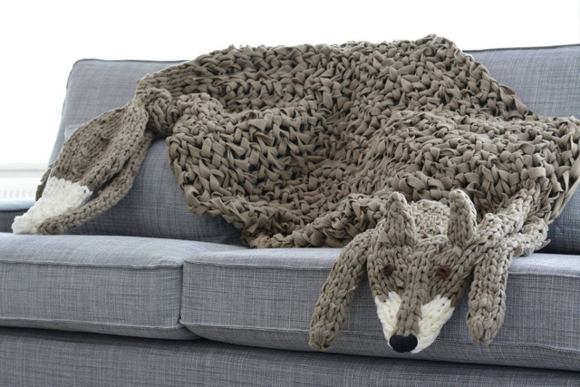 Long Fox Blanket, Rug, Fleece Animal Light Brown Chunky Knit, Hazelnut Blanket - image 1
