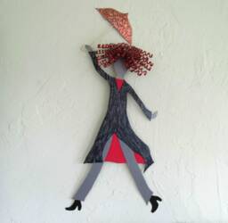 Umbrella Lady Metal Wall Art Redhead Fashion Sculpture - 9x24 - thumbnail 1