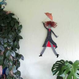 Umbrella Lady Metal Wall Art Redhead Fashion Sculpture - 9x24 - thumbnail 3