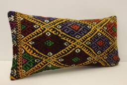Vintage Turkish Kilim Lumbar Pillow Cover, Boho Wool Cushion - 12x24 In