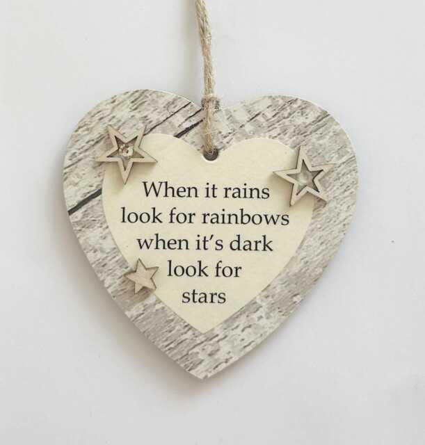 Inspirational When It Rains Look For Rainbows Wooden Gift Heart Plaque - image 1