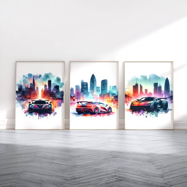 City Supercar Print Set - 3 Car Prints - Watercolour Painting Boys Room Wall Art Bedroom Gifts Artwork Decor - image 1