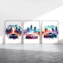 City Supercar Print Set - 3 Car Prints - Watercolour Painting Boys Room Wall Art Bedroom Gifts Artwork Decor - thumbnail 1