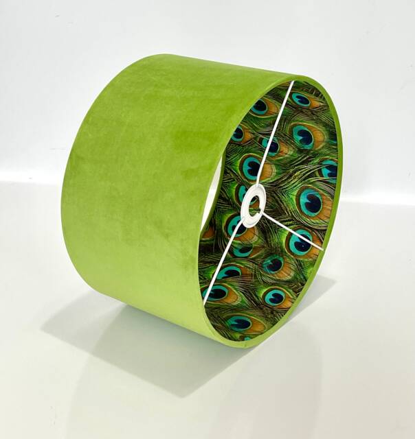 New Luxury Hq Double Sided Lime Light Green & Peacock Feathers Drum Shape Combination Lamp Shade Pendant - image 1
