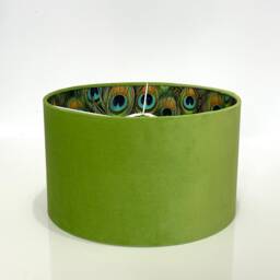 New Luxury Hq Double Sided Lime Light Green & Peacock Feathers Drum Shape Combination Lamp Shade Pendant - thumbnail 3