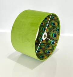 New Luxury Hq Double Sided Lime Light Green & Peacock Feathers Drum Shape Combination Lamp Shade Pendant - thumbnail 1