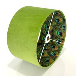 New Luxury Hq Double Sided Lime Light Green & Peacock Feathers Drum Shape Combination Lamp Shade Pendant - thumbnail 2