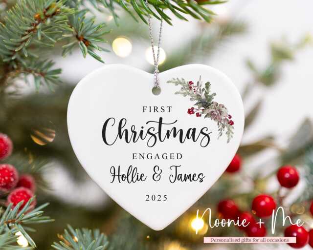 First Christmas Engaged - Tree Decoration Personalised Ceramic Bauble Heart Engagement Gift Style3 - image 1