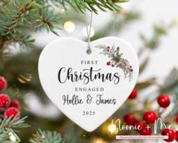 First Christmas Engaged - Tree Decoration Personalised Ceramic Bauble Heart Engagement Gift Style3 - thumbnail 1