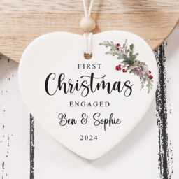 First Christmas Engaged - Tree Decoration Personalised Ceramic Bauble Heart Engagement Gift Style3 - thumbnail 2