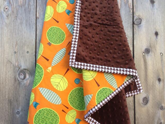 Owl Baby Blanket - Orange Trees Cotton & Brown Minky - image 1