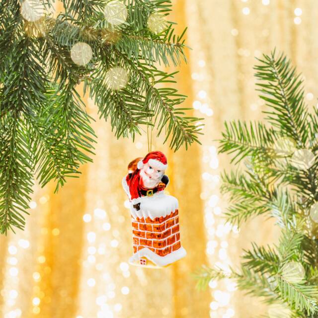 Santa Going Down The Chimney Glass Christmas Tree Hanging Bauble - Winter Festive Fun Red White Claus Father Xmas Presents Gift - image 1