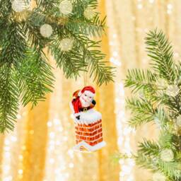 Santa Going Down The Chimney Glass Christmas Tree Hanging Bauble - Winter Festive Fun Red White Claus Father Xmas Presents Gift - thumbnail 1
