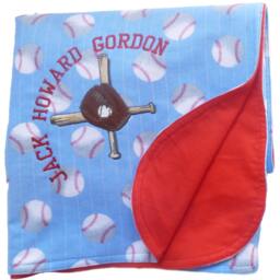 Handmade Baseball Flannel Baby Blanket With Extra Embroidery Of Detailed Bat, Mitt & Personalized