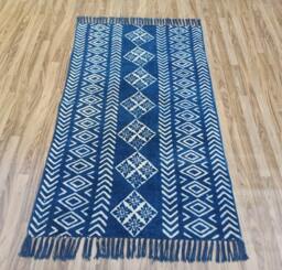 Hand Block Print Cotton Rug Indigo Aztec Design - thumbnail 1