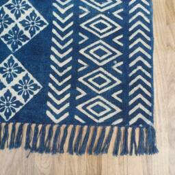 Hand Block Print Cotton Rug Indigo Aztec Design - thumbnail 2
